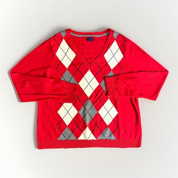 IZOD Men’s XXL Red Gray Argyle Pullover Sweater Classic Knit V-Neck Lightweight - Picture 1 of 5